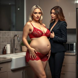 A seductive 18-year-old girl with blond hair and a thin face stands in front of a kitchen sink in her chic apartment