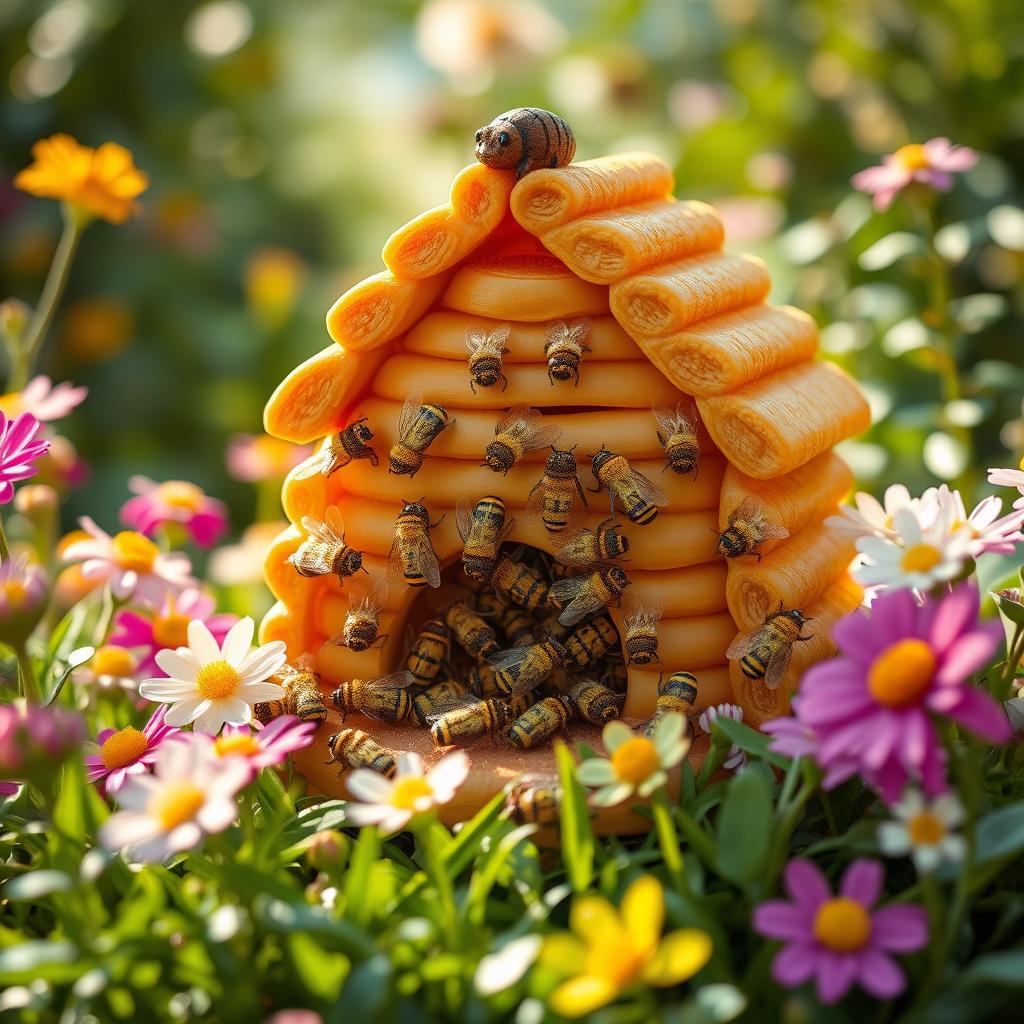 A charming, whimsical scene of a wax beehive, beautifully crafted and detailed, nestled among vibrant flowers