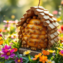 A charming, whimsical scene of a wax beehive, beautifully crafted and detailed, nestled among vibrant flowers