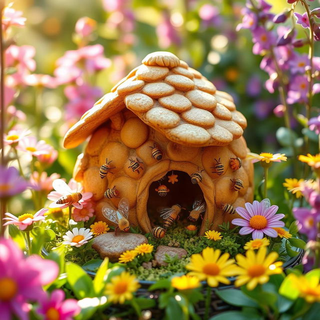 A charming, whimsical scene of a wax beehive, beautifully crafted and detailed, nestled among vibrant flowers