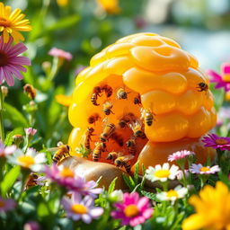 An artistic depiction of a wax beehive, intricately designed, where bees are seen joyfully working together