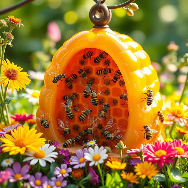 An artistic depiction of a wax beehive, intricately designed, where bees are seen joyfully working together