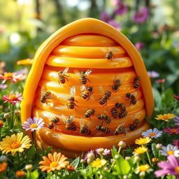 An artistic depiction of a wax beehive, intricately designed, where bees are seen joyfully working together