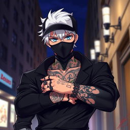 An anime character design of a tall man standing confidently in a dynamic pose