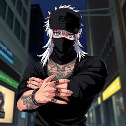 An anime character design of a tall man standing confidently in a dynamic pose