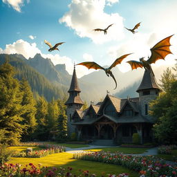 A mystical dragon sanctuary set in the heart of Romania, surrounded by lush green forests and ancient mountains