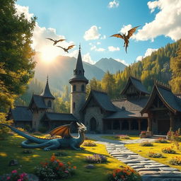 A mystical dragon sanctuary set in the heart of Romania, surrounded by lush green forests and ancient mountains