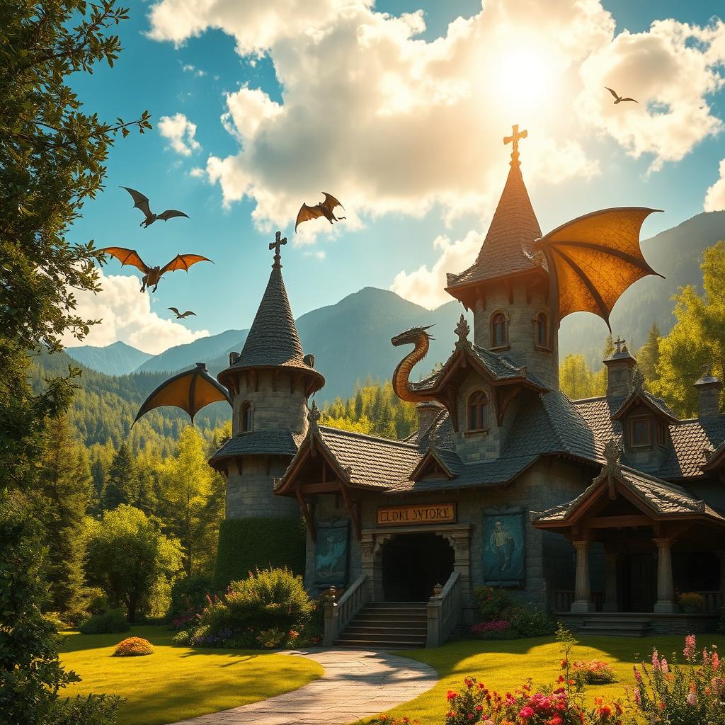A mystical dragon sanctuary set in the heart of Romania, surrounded by lush green forests and ancient mountains