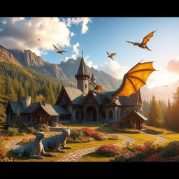 A mystical dragon sanctuary set in the heart of Romania, surrounded by lush green forests and ancient mountains