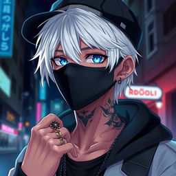 An anime character featuring a young man with striking blue eyes and white hair, adorned with a neck tattoo