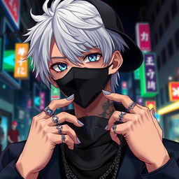 An anime character featuring a young man with striking blue eyes and white hair, adorned with a neck tattoo