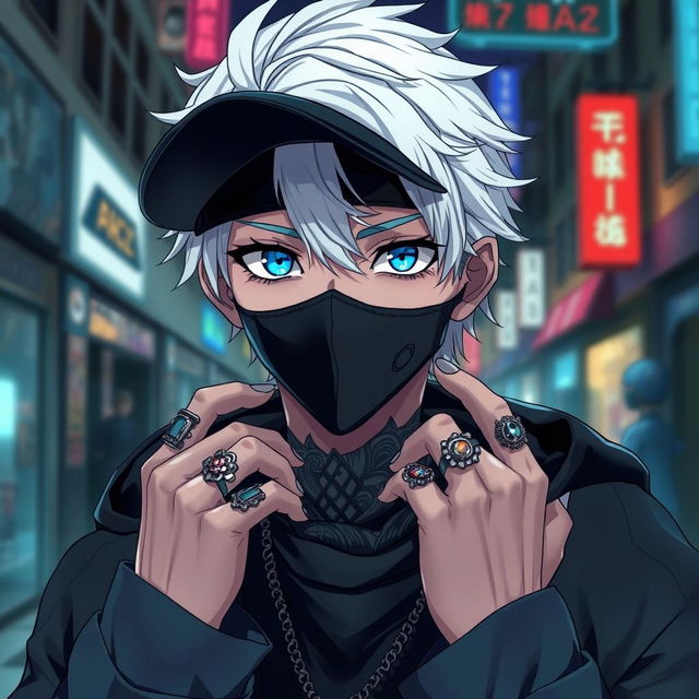 An anime character featuring a young man with striking blue eyes and white hair, adorned with a neck tattoo