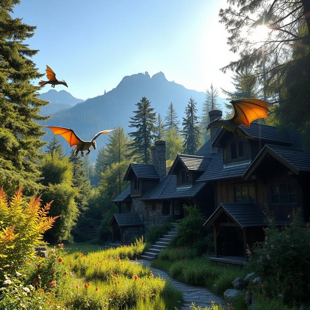 A breathtaking dragon sanctuary located in Romania, nestled within a dense, mystical forest