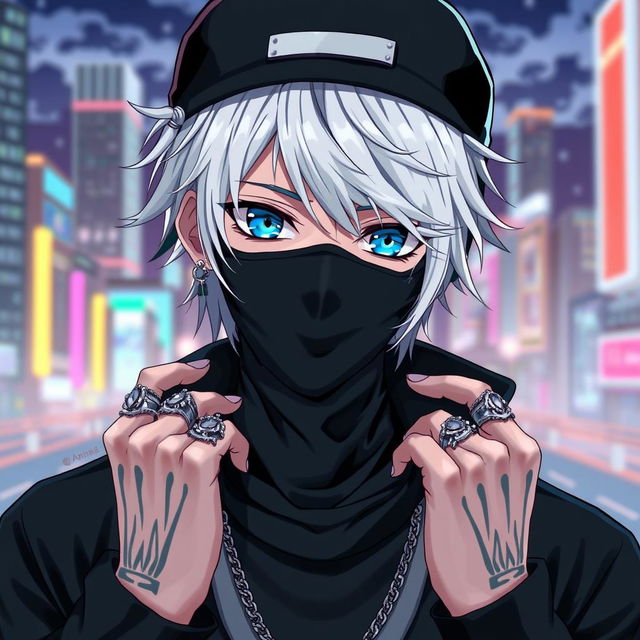 An anime character with striking blue eyes and white hair, wearing a stylish black mask and a black cap, adorned with tattoos on his neck