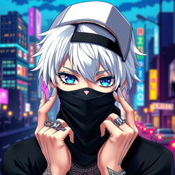 An anime character with striking blue eyes and white hair, wearing a stylish black mask and a black cap, adorned with tattoos on his neck