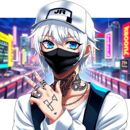 An anime character with striking blue eyes and white hair, wearing a stylish black mask and a black cap, adorned with tattoos on his neck