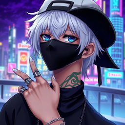 An anime character with striking blue eyes and white hair, wearing a stylish black mask and a black cap, adorned with tattoos on his neck