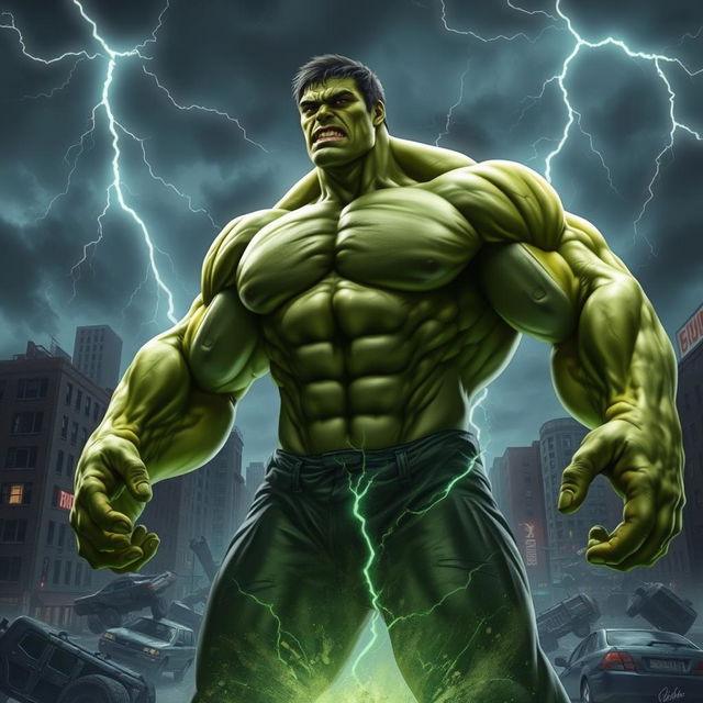 A dramatic scene depicting a muscular figure transforming into a green giant resembling the Hulk, showcasing bulging muscles and intense facial expression