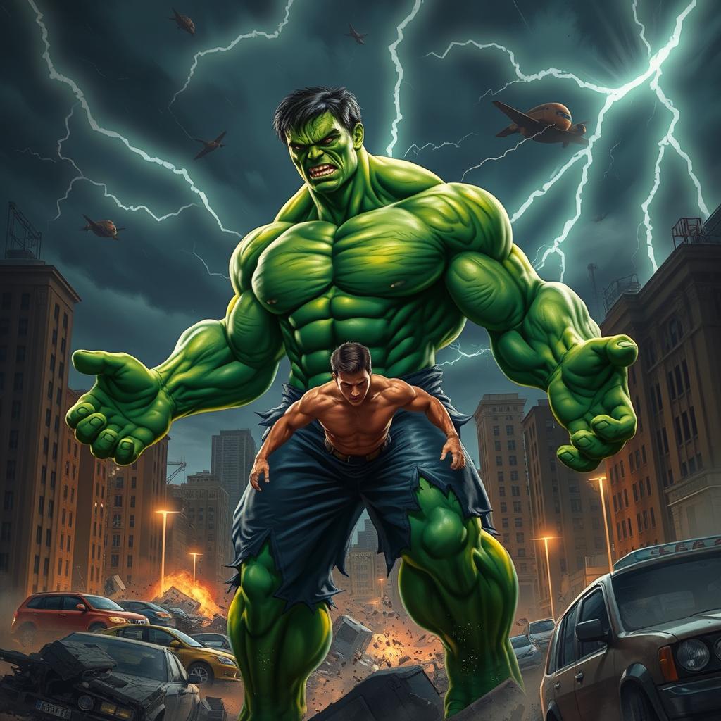 A dramatic scene depicting a muscular figure transforming into a green giant resembling the Hulk, showcasing bulging muscles and intense facial expression