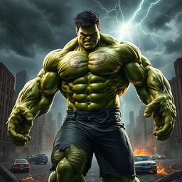 A dramatic scene depicting a muscular figure transforming into a green giant resembling the Hulk, showcasing bulging muscles and intense facial expression