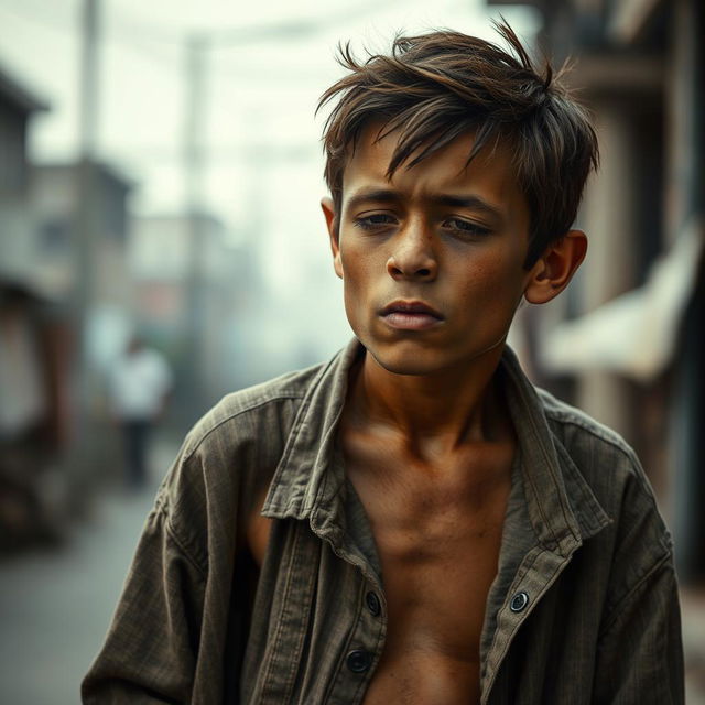 A scrawny sixteen-year-old boy with hunched shoulders and downcast eyes, depicted in a candid moment