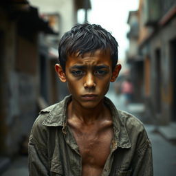A scrawny sixteen-year-old boy with hunched shoulders and downcast eyes, depicted in a candid moment