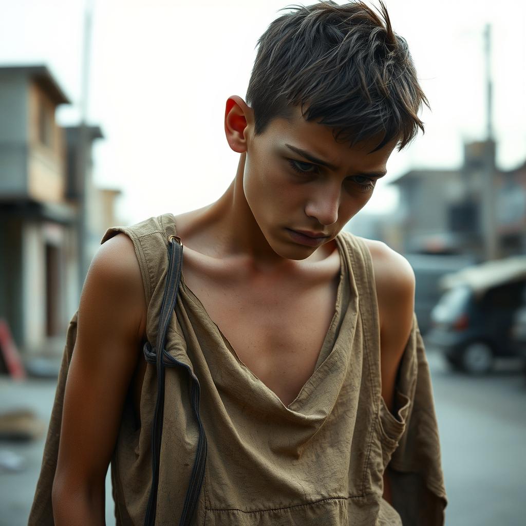 A scrawny sixteen-year-old boy with hunched shoulders and downcast eyes, depicted in a candid moment