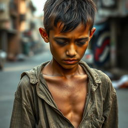 A scrawny sixteen-year-old boy with hunched shoulders and downcast eyes, depicted in a candid moment