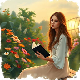 A poignant and empathetic representation of emotional resilience, depicting a serene garden scene with vibrant flowers and lush greenery