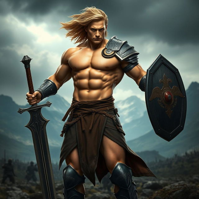 A muscular shirtless warrior standing confidently in a dynamic pose, showcasing a chiseled physique