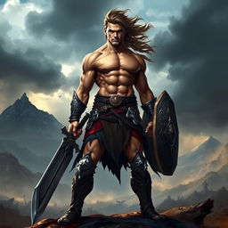 A muscular shirtless warrior standing confidently in a dynamic pose, showcasing a chiseled physique