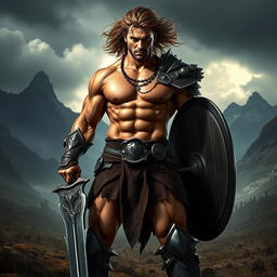 A muscular shirtless warrior standing confidently in a dynamic pose, showcasing a chiseled physique