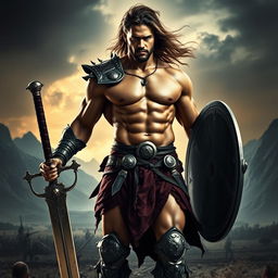 A muscular shirtless warrior standing confidently in a dynamic pose, showcasing a chiseled physique