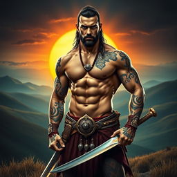 A powerful shirtless warrior showcasing a muscular physique, standing with a confident stance