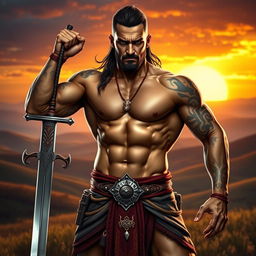 A powerful shirtless warrior showcasing a muscular physique, standing with a confident stance