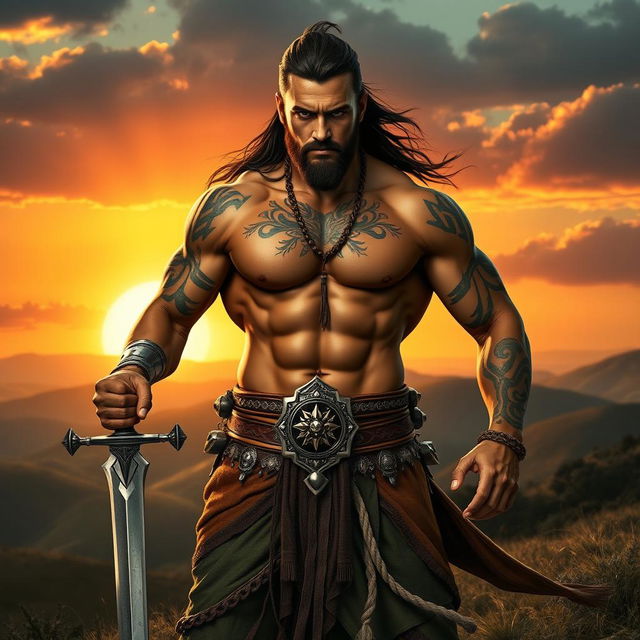 A powerful shirtless warrior showcasing a muscular physique, standing with a confident stance