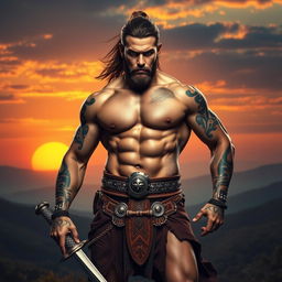 A powerful shirtless warrior showcasing a muscular physique, standing with a confident stance