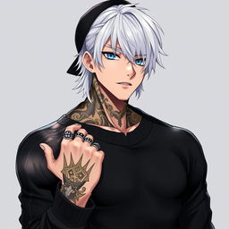 An anime guy with striking white hair, featuring intricate tattoo designs that travel from the back of his right hand all the way up to his shoulder, chest, and neck