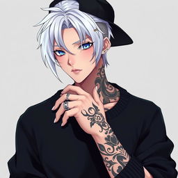 An anime guy with striking white hair, featuring intricate tattoo designs that travel from the back of his right hand all the way up to his shoulder, chest, and neck