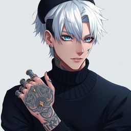 An anime guy with striking white hair, featuring intricate tattoo designs that travel from the back of his right hand all the way up to his shoulder, chest, and neck