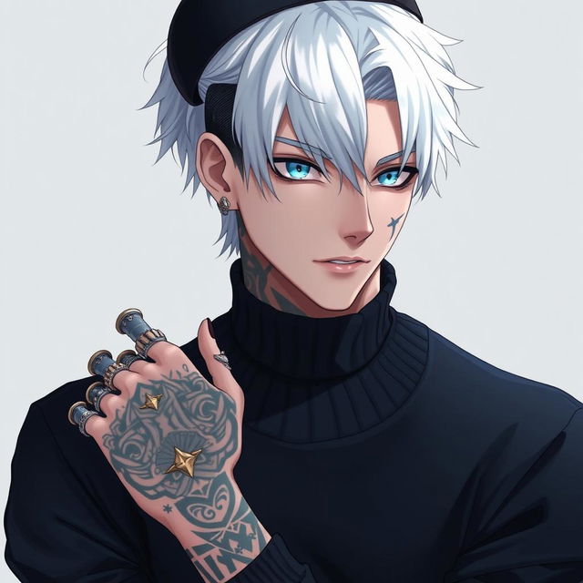 An anime guy with striking white hair, featuring intricate tattoo designs that travel from the back of his right hand all the way up to his shoulder, chest, and neck