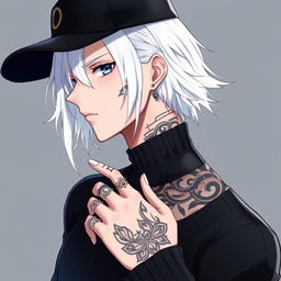 An anime guy with striking white hair, featuring intricate tattoo designs that travel from the back of his right hand all the way up to his shoulder, chest, and neck