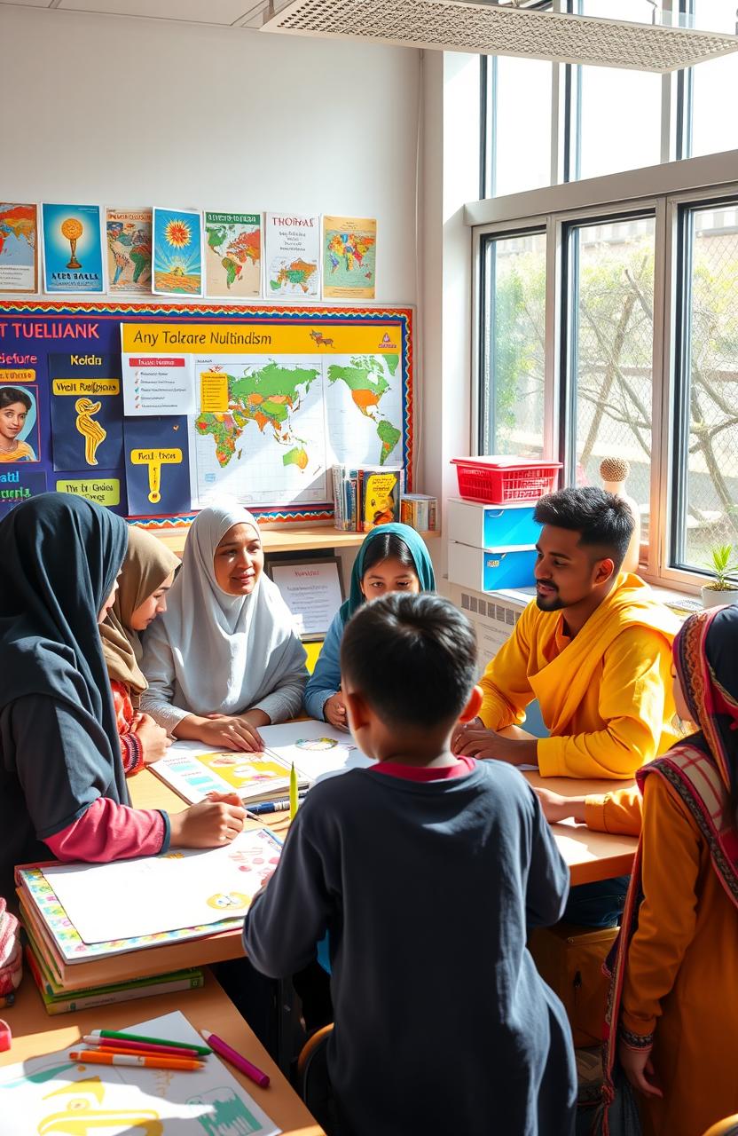 A vibrant classroom scene depicting a multicultural project-based learning environment