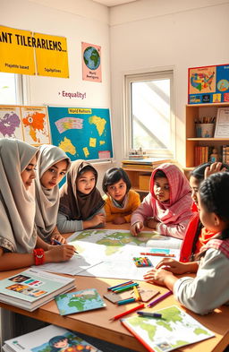 A vibrant classroom scene depicting a multicultural project-based learning environment