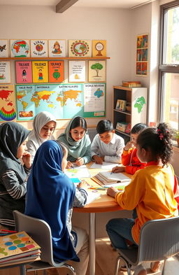 A vibrant classroom scene depicting a multicultural project-based learning environment