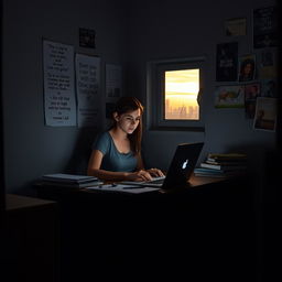 A determined young woman sitting at a small desk in a dimly lit room, surrounded by books and papers, looking intently at her laptop as she works on her studies