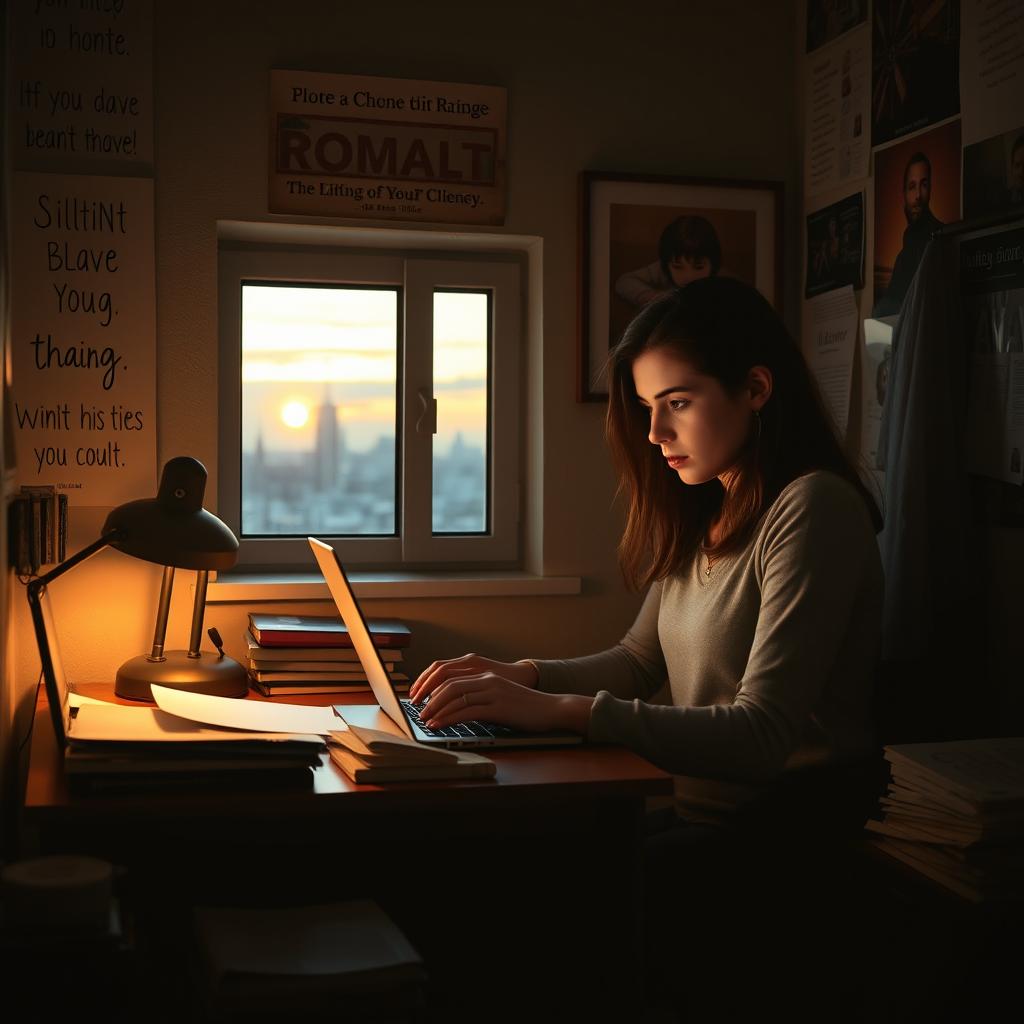 A determined young woman sitting at a small desk in a dimly lit room, surrounded by books and papers, looking intently at her laptop as she works on her studies