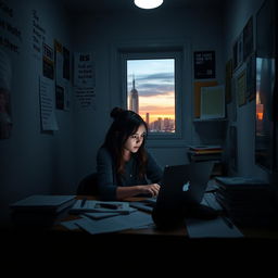 A determined young woman sitting at a small desk in a dimly lit room, surrounded by books and papers, looking intently at her laptop as she works on her studies