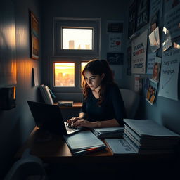 A determined young woman sitting at a small desk in a dimly lit room, surrounded by books and papers, looking intently at her laptop as she works on her studies