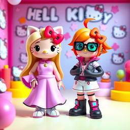 A vibrant 3D scene featuring two Hello Kitty characters: one character is a blonde with long hair styled elegantly, wearing a wide, flowy outfit that exudes a playful and cute aesthetic